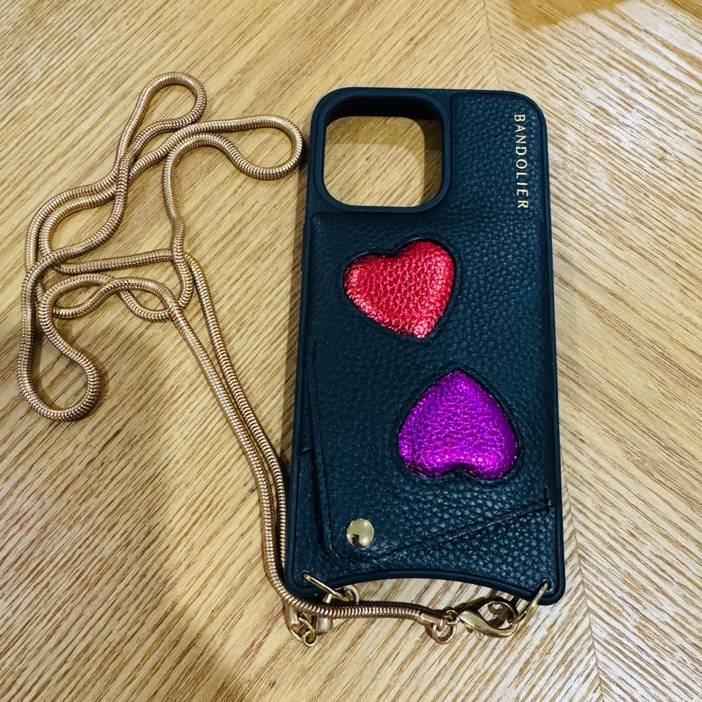 Bandolier Iphone 15 pro max  Black Case with Red and Pink Hearts